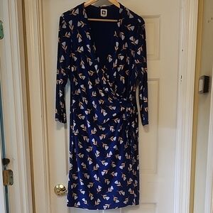 Anne Klein Navy and White Patterned Long Sleeve Dress